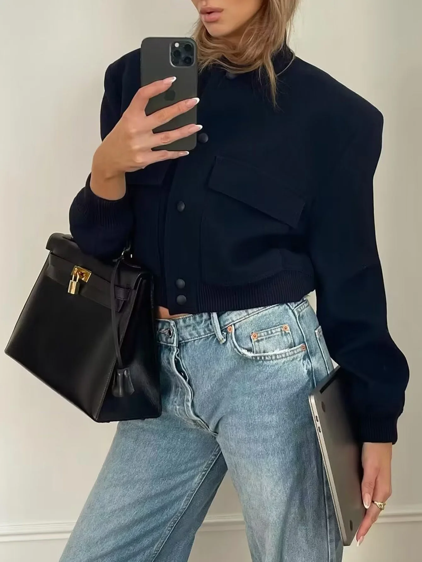 سترة الخريف النسائية عارضة عادي كم طويل البيسبول طوق زر من خلال مكتب سيدة معطف الاتجاه الموضة