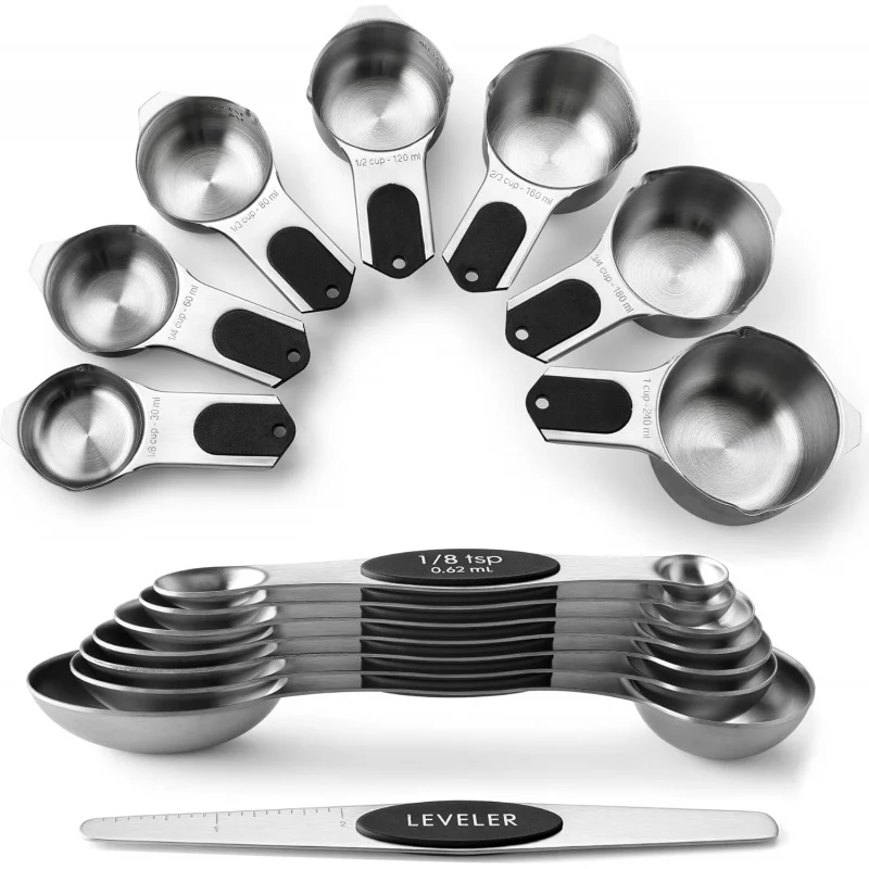 

The Patented Magnetic Set | 15-Piece Stainless Steel Measuring Cups & Spoons with Built-In Leveler & N45 Magnets