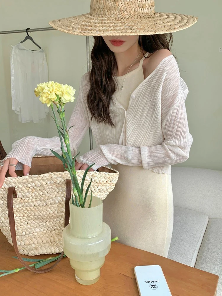 GAODINGLAN Ice Silk Knitted Sunscreen Cardigan Women Long Sleeve Thin Shawl Summer Solid Slightly Transparent Cover Up Outwear