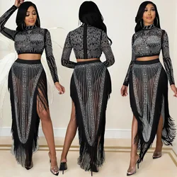 Skirt Set Women Two Piece Sets Dress Sets Mock Neck Full Sleeve Diamond Short Tops Party High Waist Long Skirts Sexy Hot Tassel