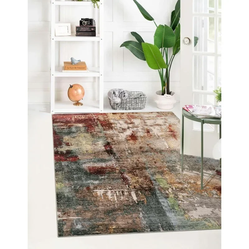 

Modern Abstract Washable 5x7 Living Room Rug, Red Bedroom Mat Soft Non Slip Low Pile Contemporary Front Entrance Carpet