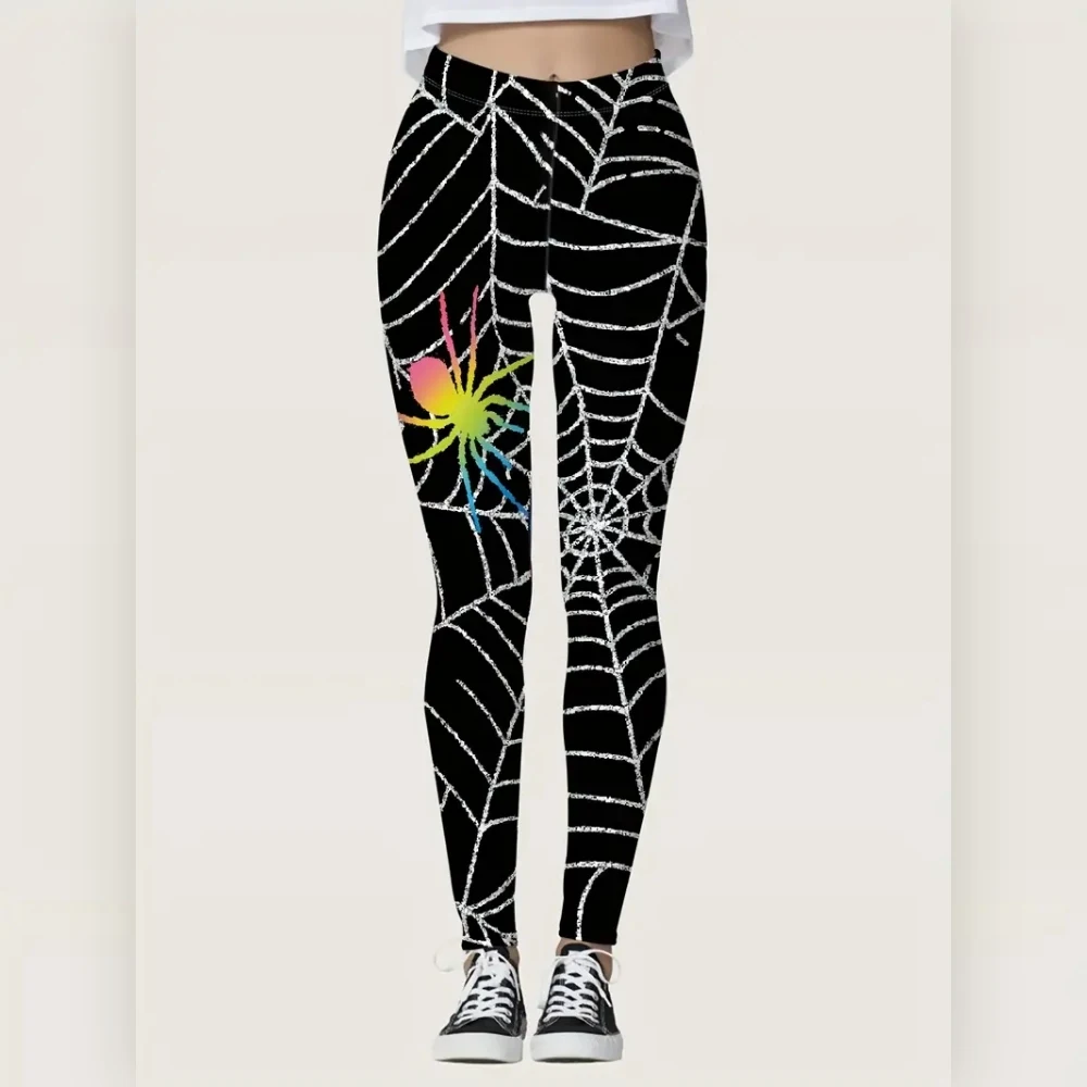 Halloween spiderweb print stretch elastic waist tight casual leggings for women