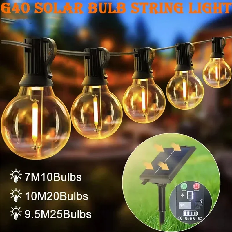 Guirnalda de luces LED solares G40 para exteriores, guirnalda de 8 modos, bombillas de globo Retro impermeables para decoración de jardín, fiesta, Bistro y Patio