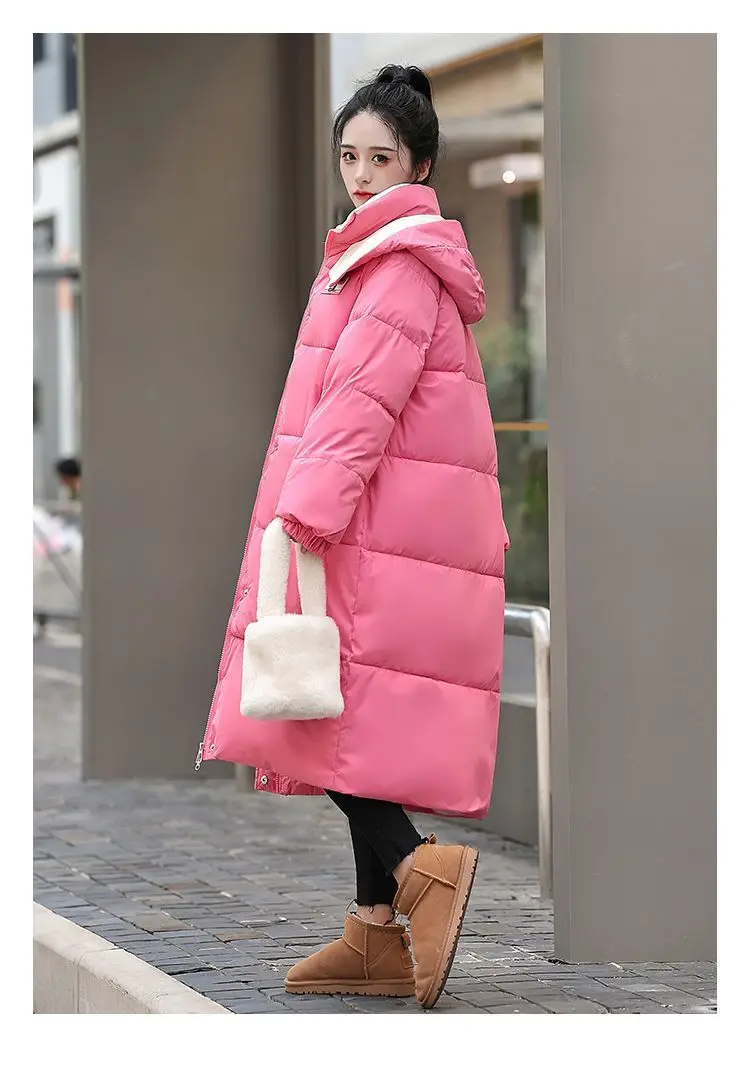 Long Hooded Puffer Coat Women Contrast Collar Warm Quilted Parka Zip‑Up Loose Windproof Winter Outerwear Ladies Padded Jacket