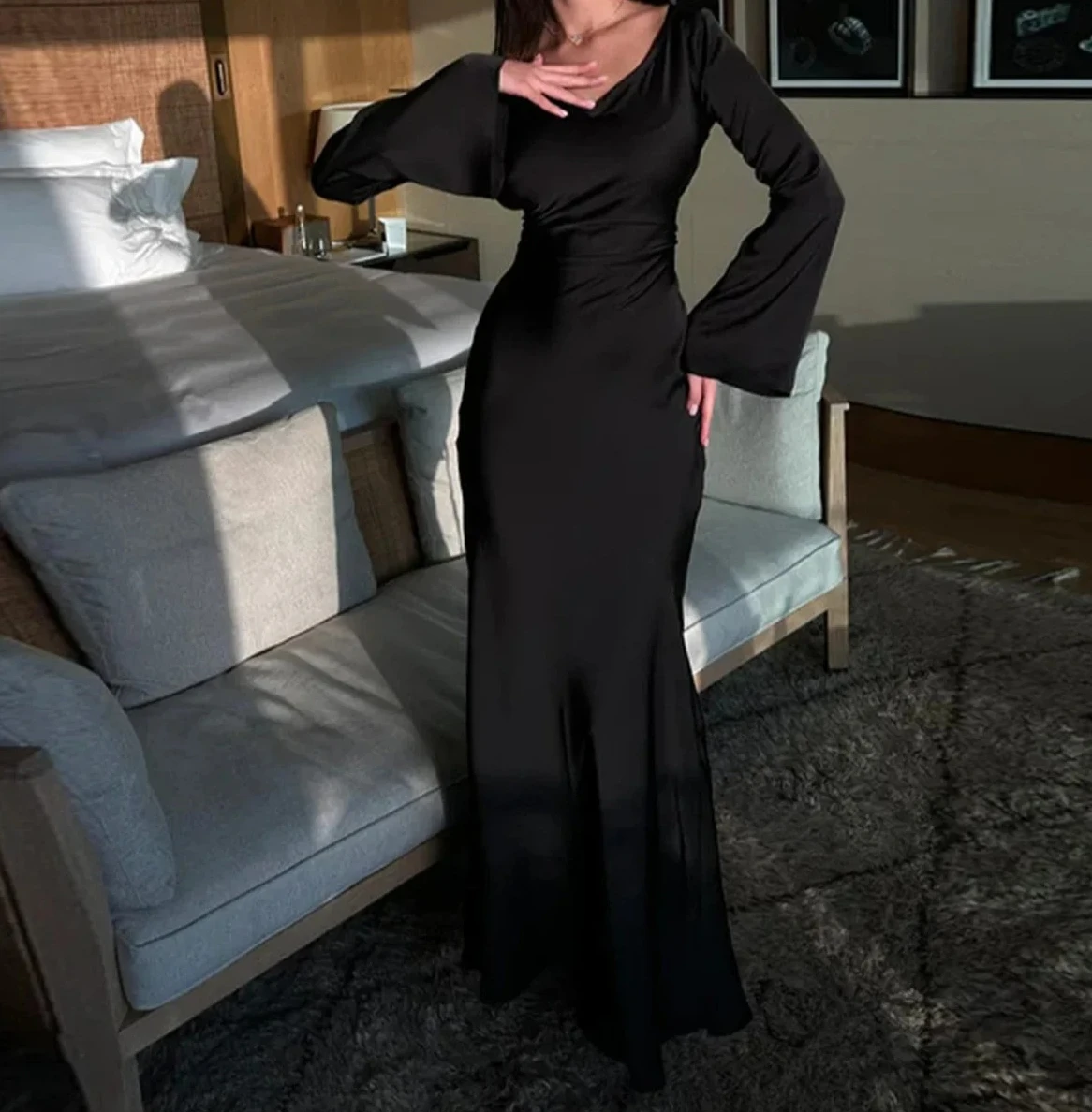 فساتين طويلة أنيقة جديدة موضة خمر بسيطة مستديرة الرقبة الساتان مضيئة كم الدانتيل يصل سليم مساء فستان المرأة مثير #4