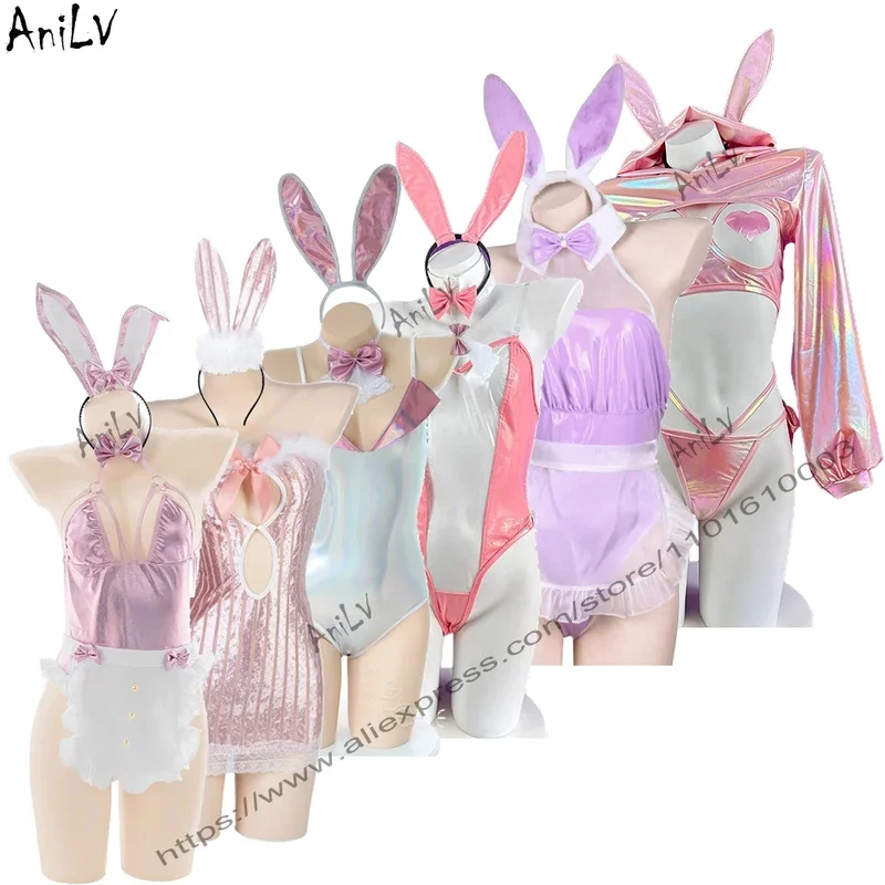 

AniLV Pink Sweet Rabbit Easter Uniform Series Candy Girl Maid Cosplay Women Anime Bunny Bodysuit Dress Valentine's Day Costume
