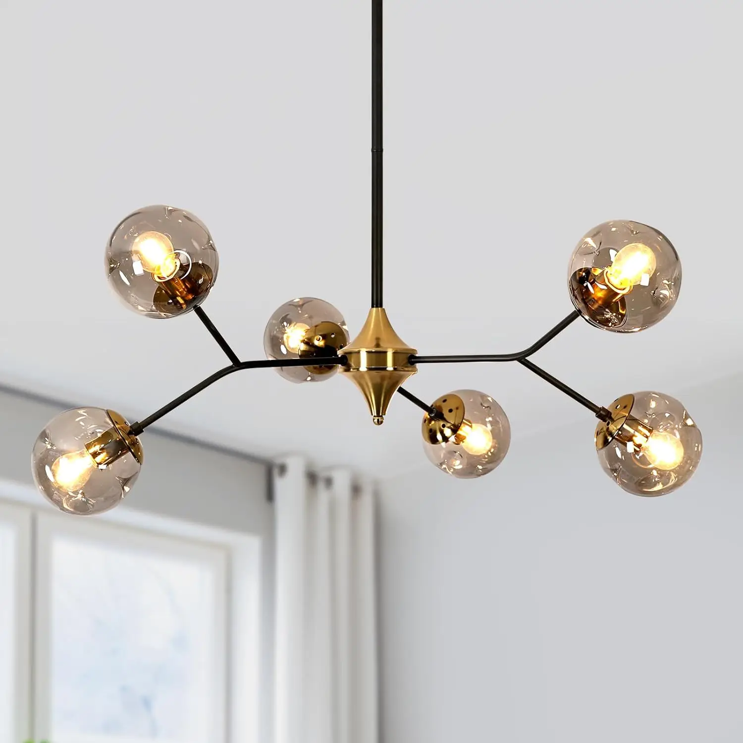 

Glass Sputnik Chandelier, 6-Light Black and Gold with Smoke Gray Glass Lampshade Chandelier, E26 Mid Century Modern Pendant Ligh