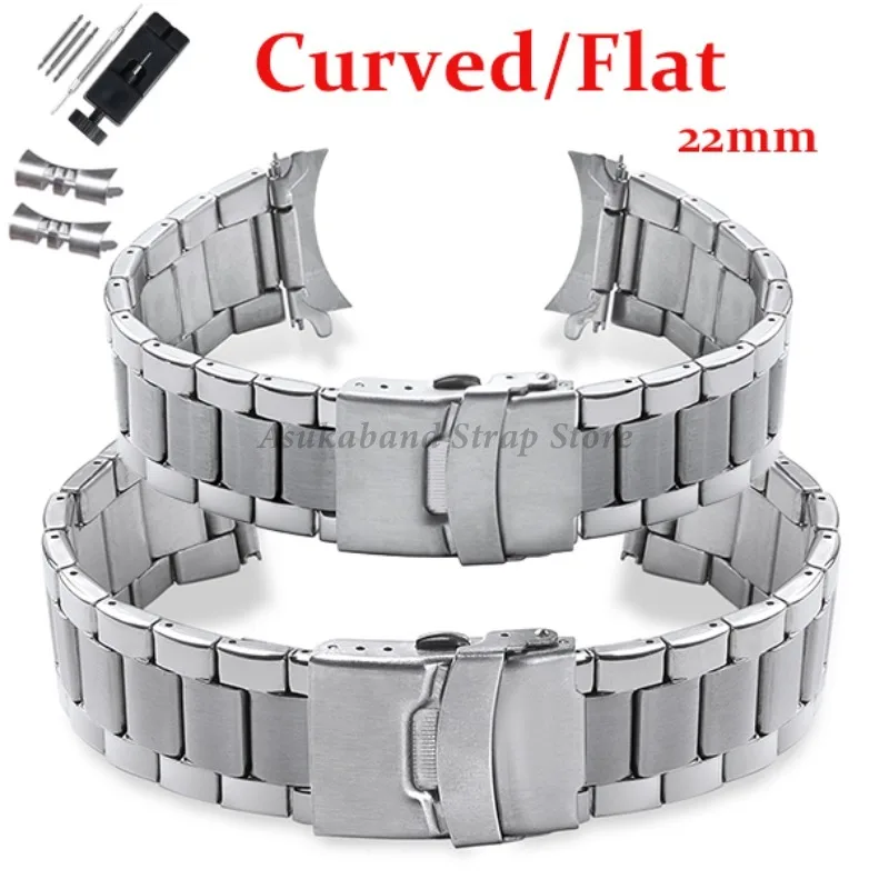 22 mm Edelstahl-Uhrenarmband mit gebogenem Ende, universelles Ersatzarmband für Seiko Damen Herren Armband Metallarmband Zubehör