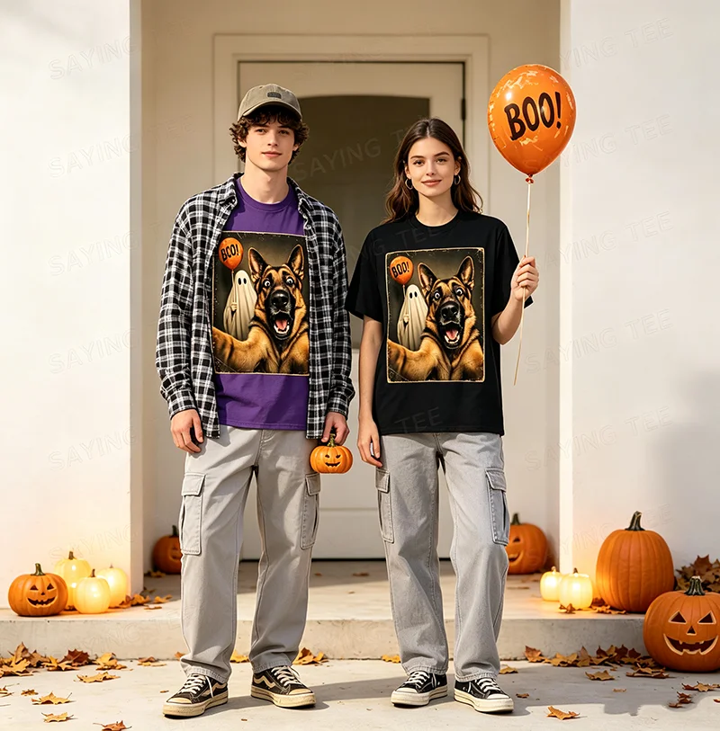 Deutscher Schäferhund Halloween Geister-Selfie Boo Hund Meme Grafik T-Shirt Y2k Gruselige Jahreszeit Hundeselfie Grafik Kleidung für Frauen Männer – Detail 5