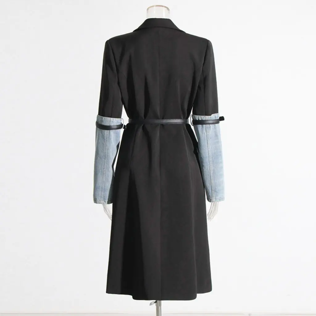 

Women's Fashion Commuter Style Long Jacket Waist-Slimming Color-Blocking Denim Trench Coat Personality New