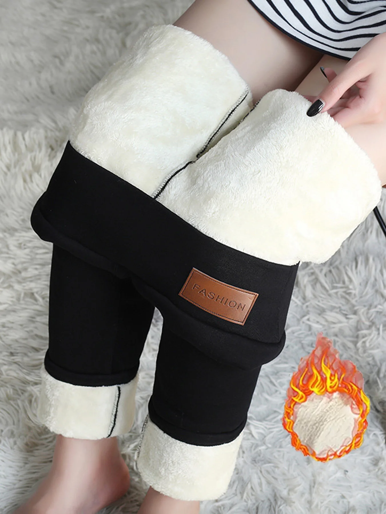 Women\'s Autumn and Winter Warm Fleece Lined Padded Bottoms, Patch Detail Elastic High Waist High Elastic Leggings