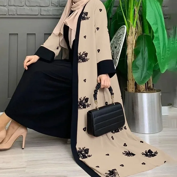 Embroidered Chiffon Coat Muslim Set Dubai Abaya Turkey Women Abayas Islam Clothing Women\'s Two Pieces Set Female Moroccan Kaftan