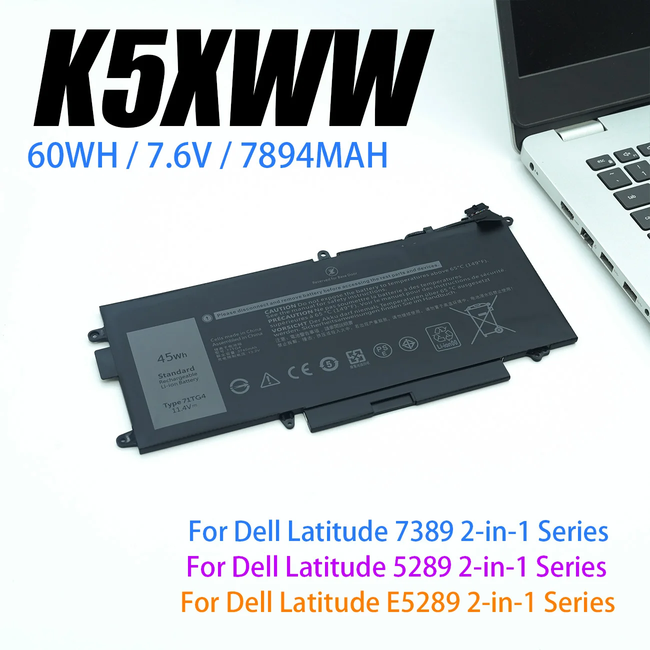 Nueva batería de ordenador portátil K5XWW 60Wh para Dell Latitude 13 7389 7390 2 en 1 5289 2 en 1 serie 71TG4