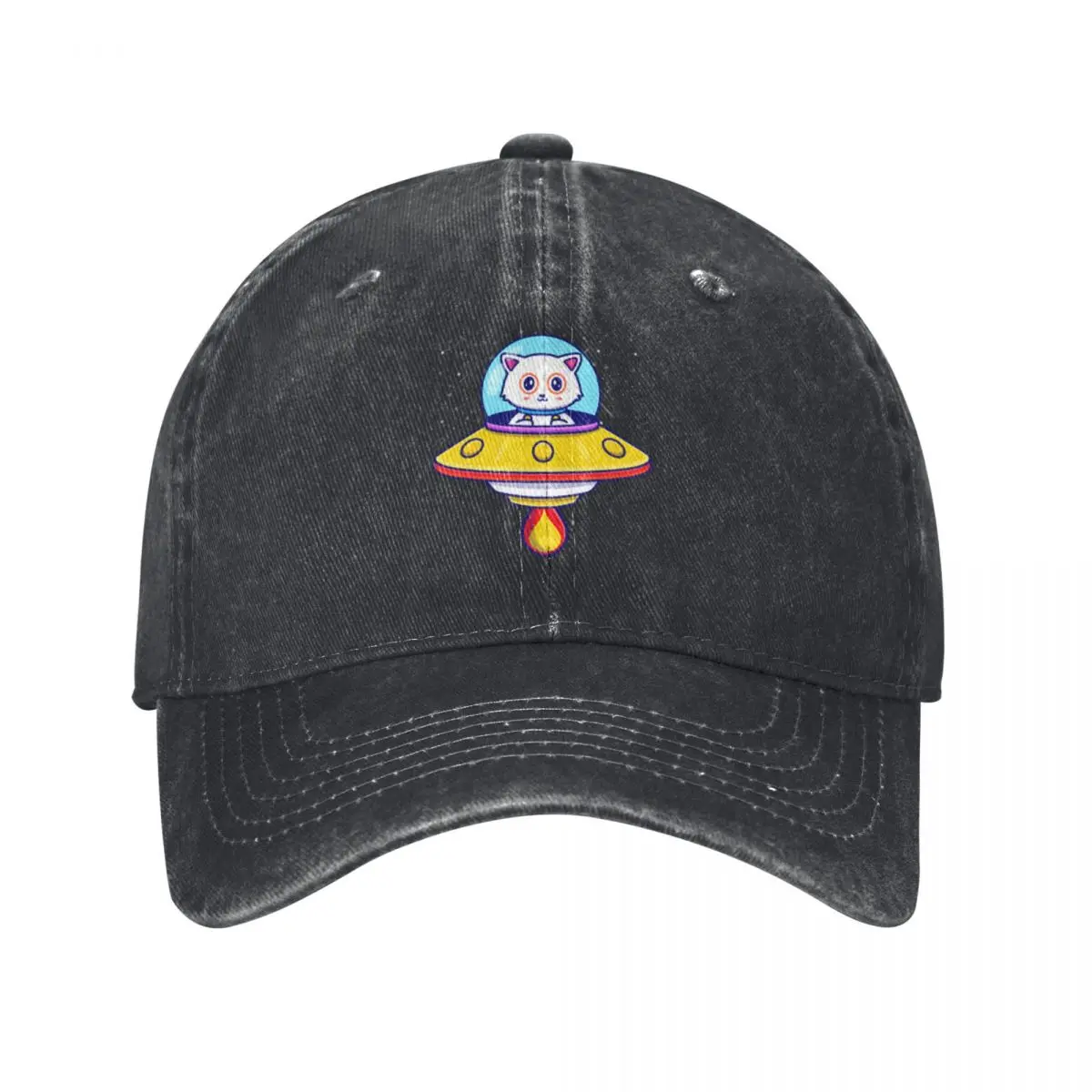 

Cute Cat In A UFO -ufo- Baseball Caps Vintage Denim Washed Headwear Unisex Style Outdoor Running Hats