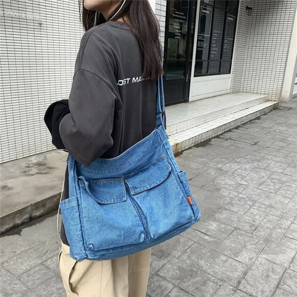 

Simple Y2K Denim Canvas Bag Large Capacity Shopping Bag Vintage Handbag Street Style Solid Color Solid Crossbody Bag Girl