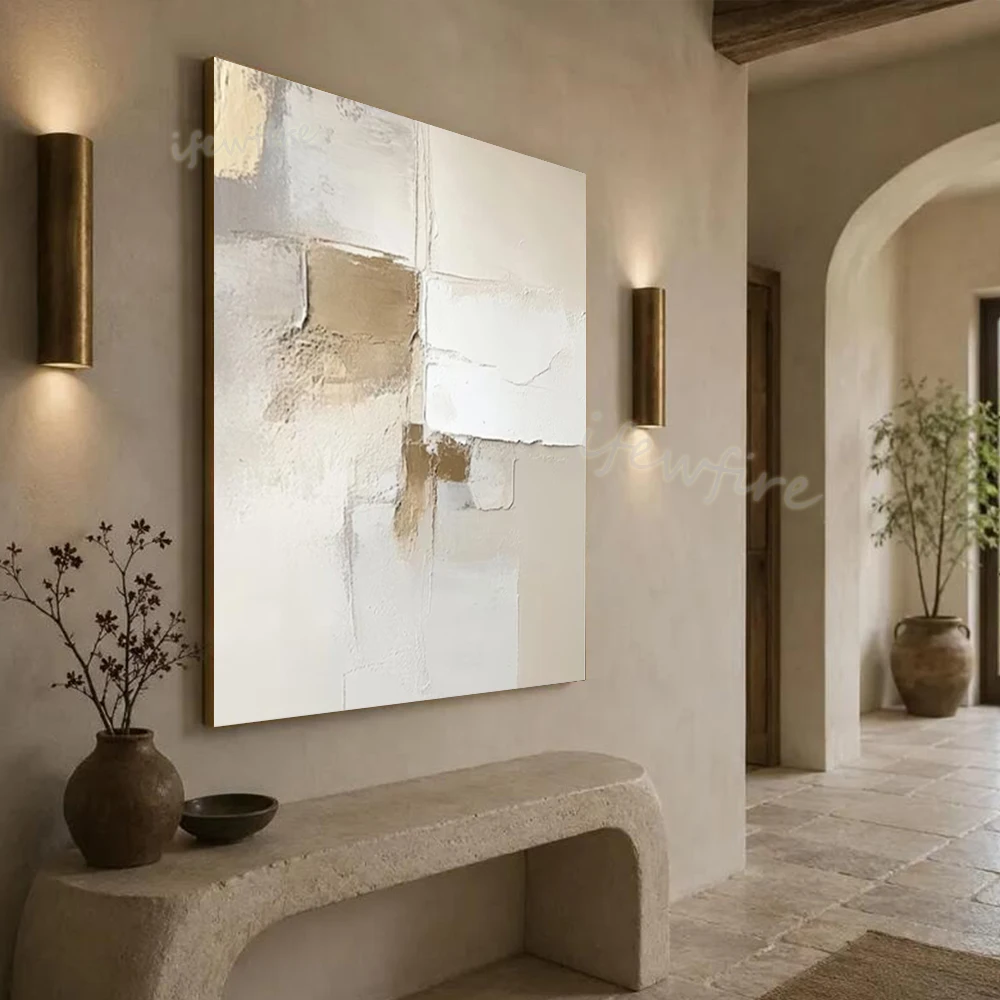 Modern Abstract Oil Painting on Canvas - Handmade Light Colored Block Texture Wall Art Picture for Home Living Room Decor Image