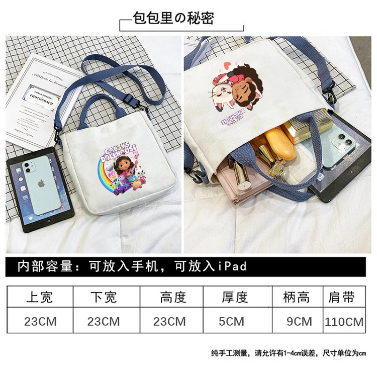 Gabby Dollhouses Canvas Tote Bag Anime Cartoon Cute Student Detachable Shoulder Crossbody Strap Large Capacity Shoulder Handbag