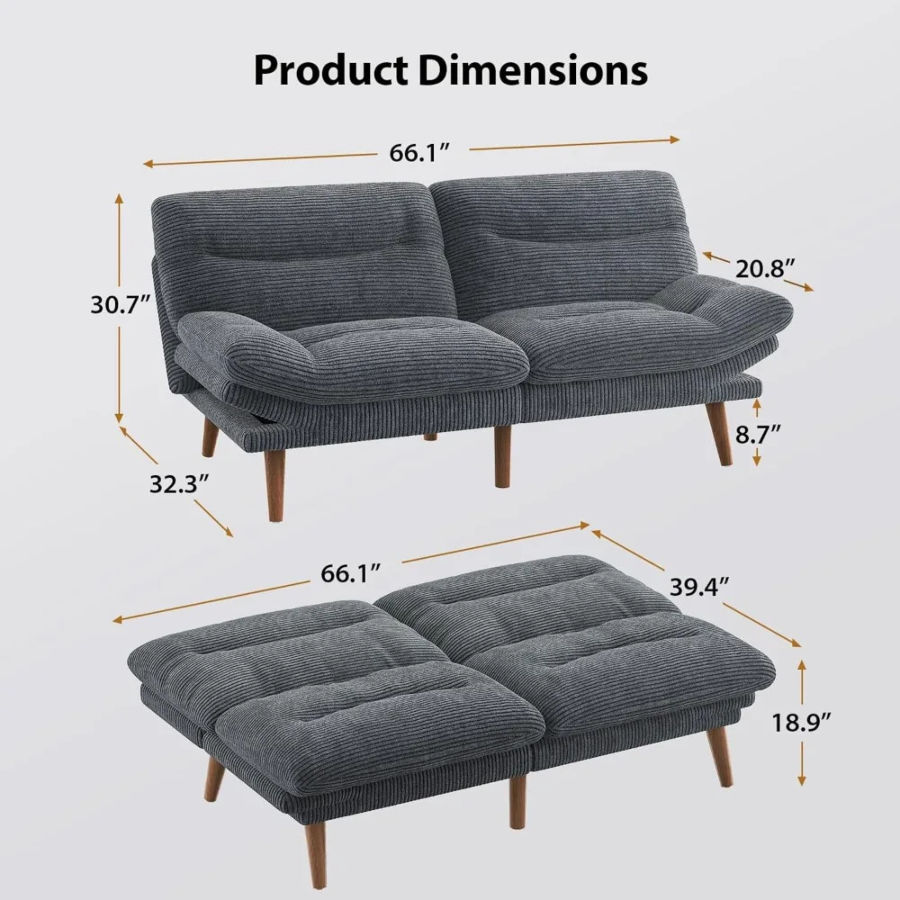 69-Inch Convertible Futon Sofa Couch, Corduroy Futon with Adjustable Backrest and Armrests, Futon Sofa Bed for Small Apartments