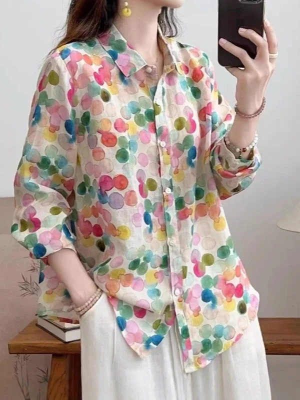 

Женская тонкая рубашка свободного кроя с цветочным принтом в цветах макарон, новинка весна-осень, универсальная повседневная рубашка с дизайнерским вырезом горловины
