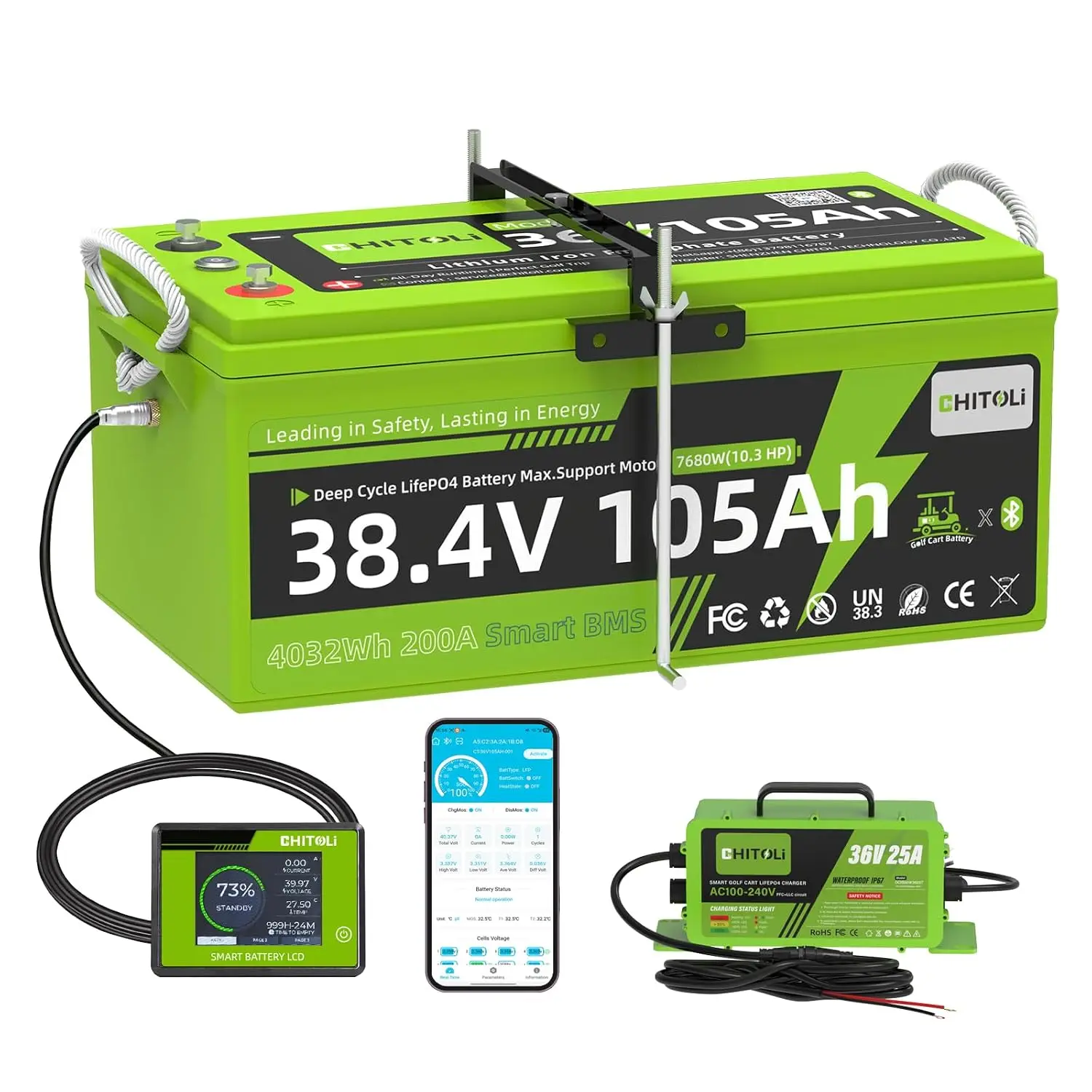 36V(38.4V) 105Ah LiFePO4 Golf Cart Battery, 10+ Years Lifespan, 200A Smart BMS, Bluetooth APP+Touch LCD Monitor,, Customized