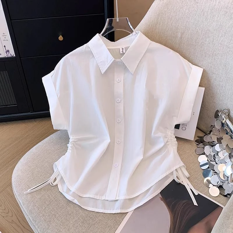 Drawstring Polo Neck Solid Short Shirt Tops Short Sleeve Irregular Youth Fashion Blouse Summer New Casual Korean Women Clothing