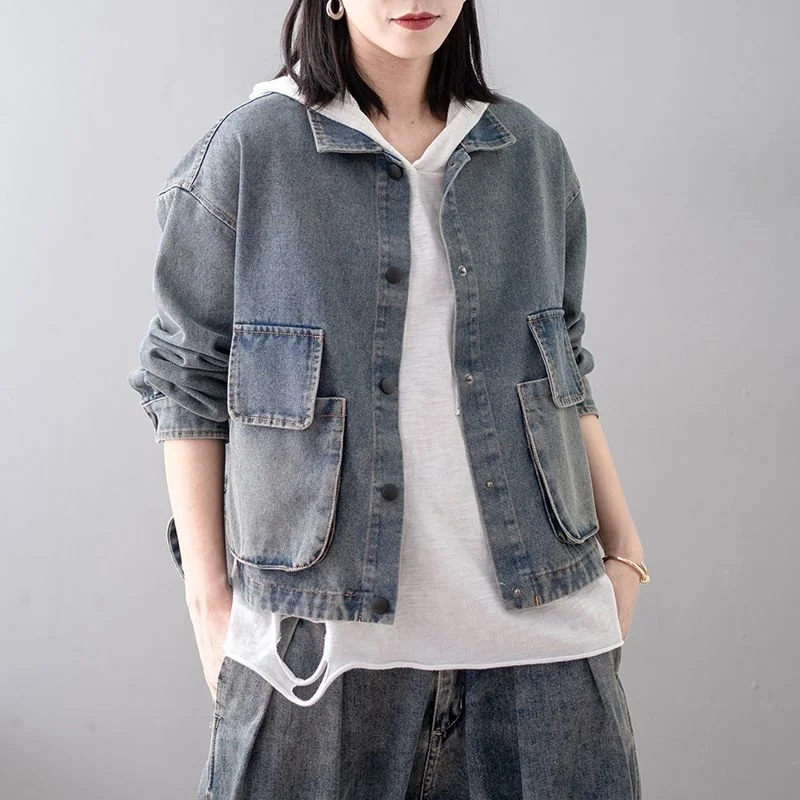 

Women Vintage Denim Short Coat Turn-down Collar Long Sleeve Pocket Loose Jacket 2023 Spring Autumn New Solid Casual Coat Outwear