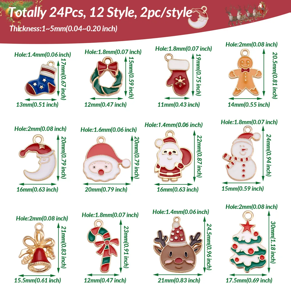 Christmas Alloy Enamel Pendant 24pcs Mix Style Colored Santa Gingerbread Man Snowman for DIY Party Decor Jewelry Making Supplies