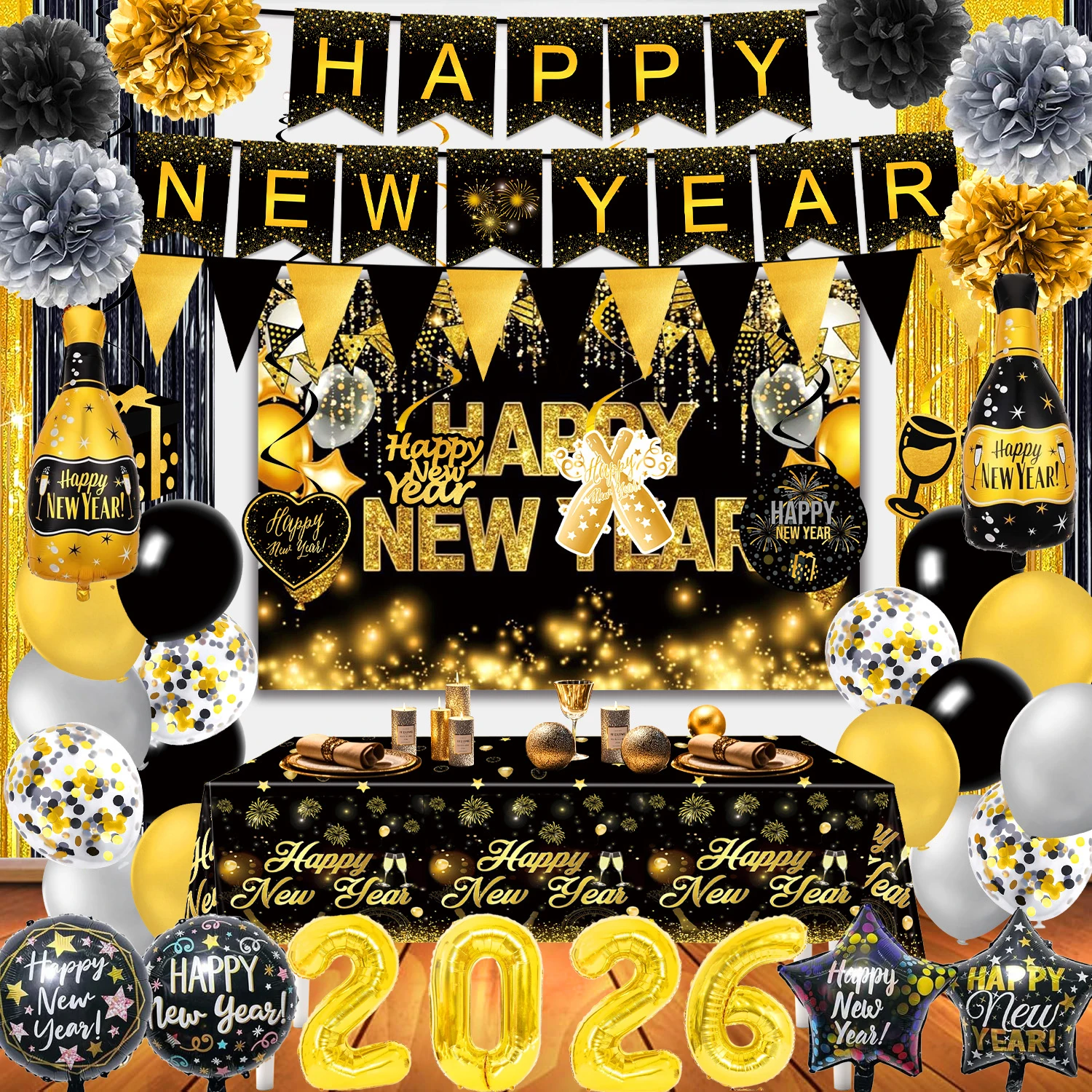 

10Pcs 2026 Black Gold Happy New Year Balloon Set New Year's Eve Party Atmosphere Decoration Wine Bottle Aluminum ballons