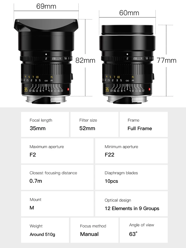 TTArtisan M35mm F2 AA APO Full Frame Manual Lens for Leica M Canon RF Nikon Z Fuji XF G Hasselblad Sigma Panasonic with Adapter