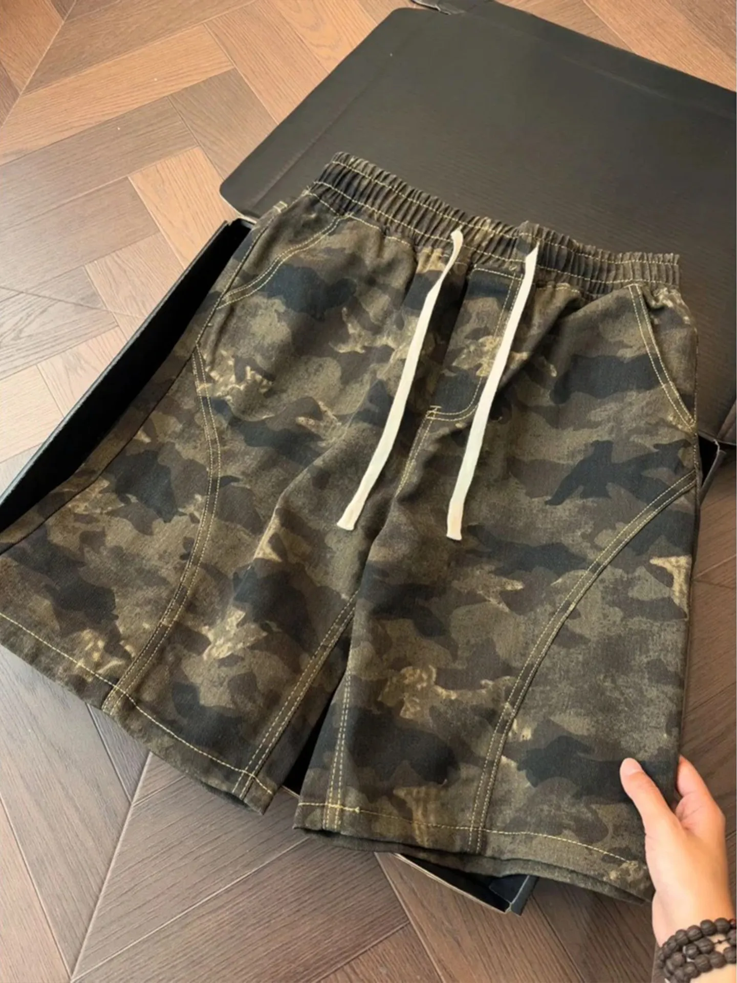 Retro Diagonal Cut Camouflage Denim Shorts Loose Fit American Style Summer Workwear Loose Five-Point Pants Men's Fashion