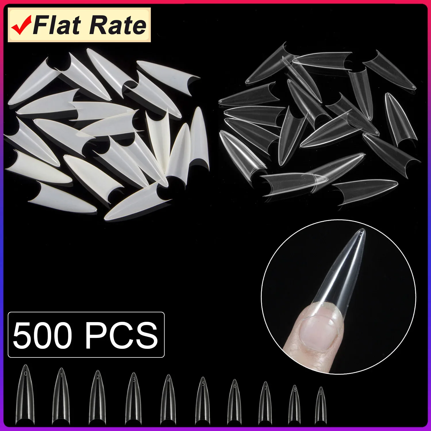 

500 Pieces 10 Sizes L Stiletto False Nail Tips Full Cover Nail Art Design DIY Fake Nails Press-on Acrylic Nails Uñas Acrilicas