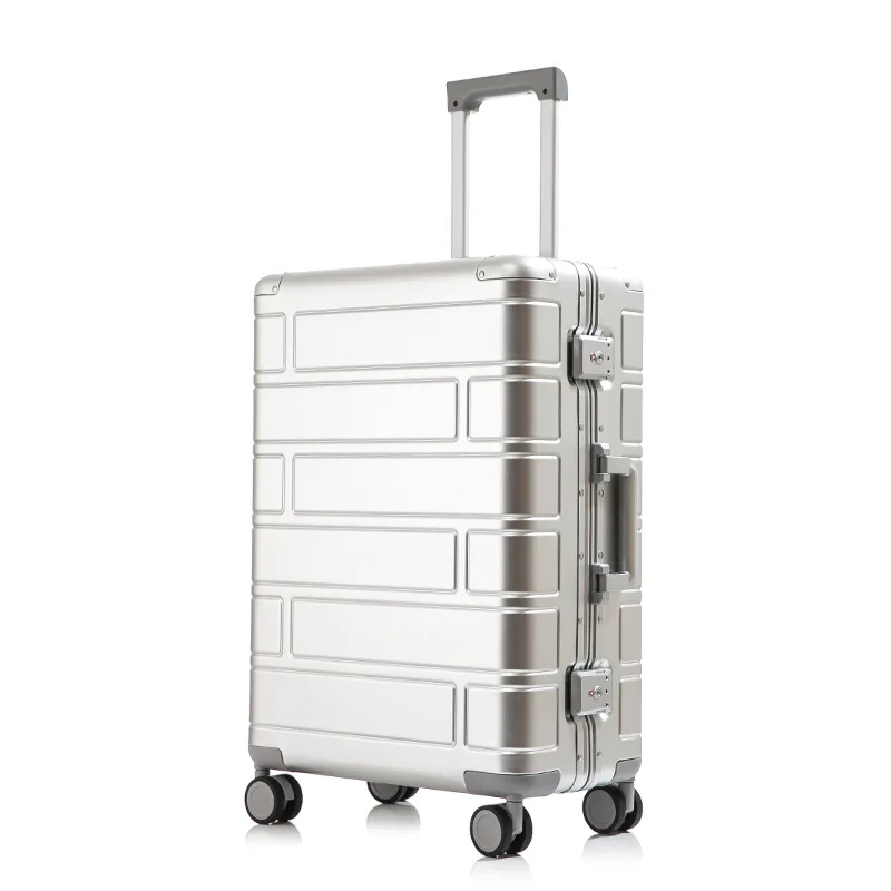 Valise de voyage entièrement en métal pour hommes et femmes, roue universelle, 100% aluminium, tige de traction, bagage, 20/24 ", étui à mot de passe pour étudiants, mode