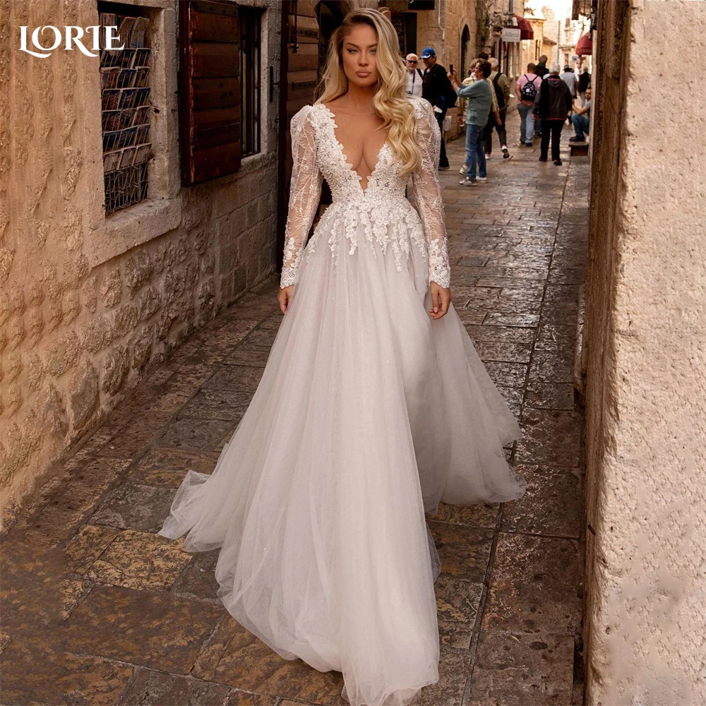 

LORIE Vintage Lace Wedding Dresses Cap Sleeves Appliques Sexy Slit A-Line Deep V-Neck Bridal Gowns Princess Bride Dress 2023