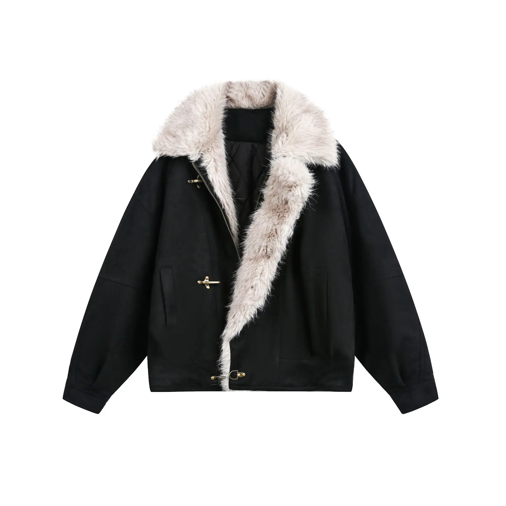

Akkad Kuti 2025 Winter New Japanese Vintage Coat - Unisex Trendy Lapel Patchwork Fur Collar Thick Cotton Jacket