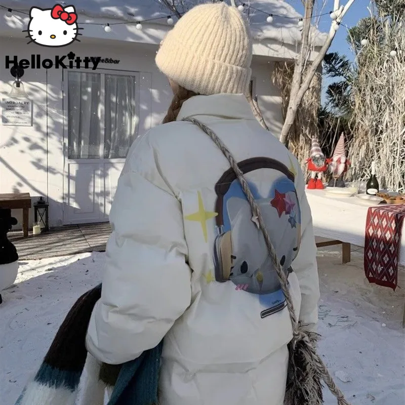 Sanrio Hello Kitty White Padded Jacket Women Winter Warm Cotton Coat Aesthetic Cartoon Print Korean Zipper Tops Star Jackets Y2k