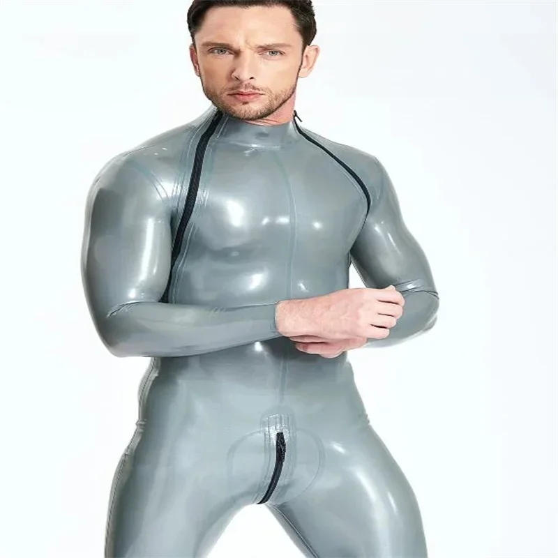 Catsuit de látex con doble cremallera, diseño Diagonal, mono ajustado de látex Sexy, ropa de Catsuit de goma con cremallera en la entrepierna