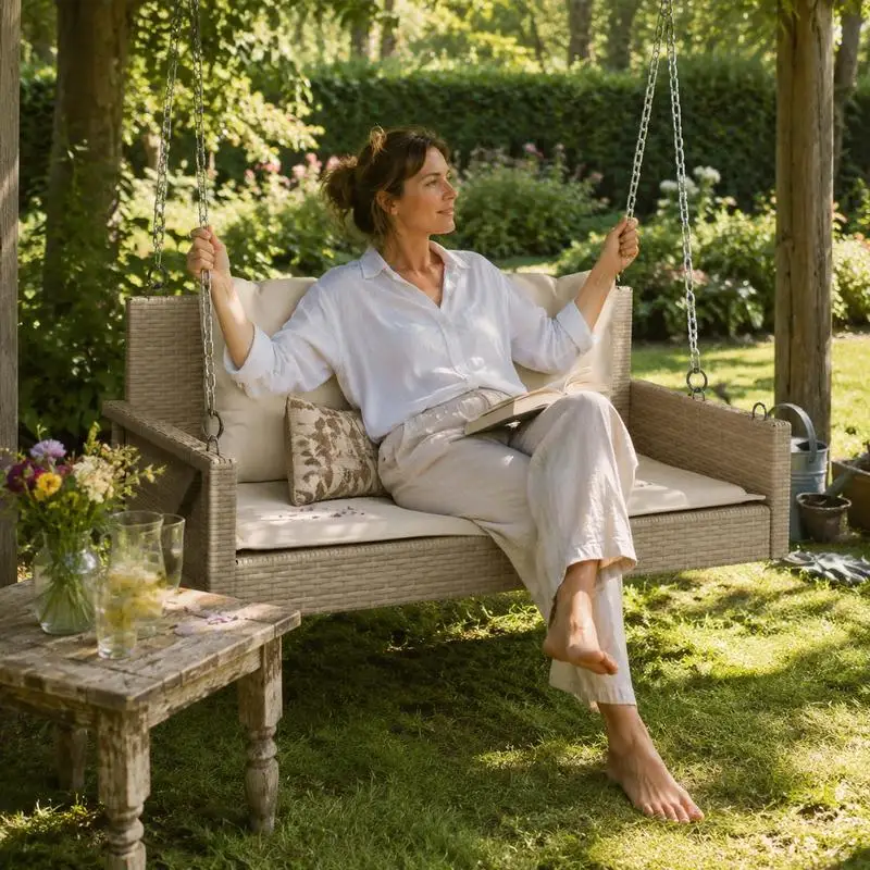 Banc suspendu avec coussin, beige, 119x56x48 cm, poly rotin, design suspendu classique qui économise de la place au sol, idéal pour véranda et cour.