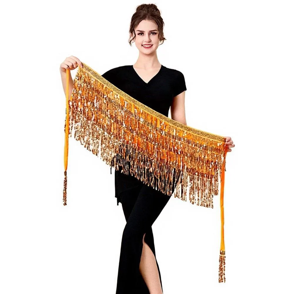 Fashion Sequins Decoration Belly Dance Skirt Chain Tassel Shiny Waist Scarf Latin Dance Dress Performance Costume