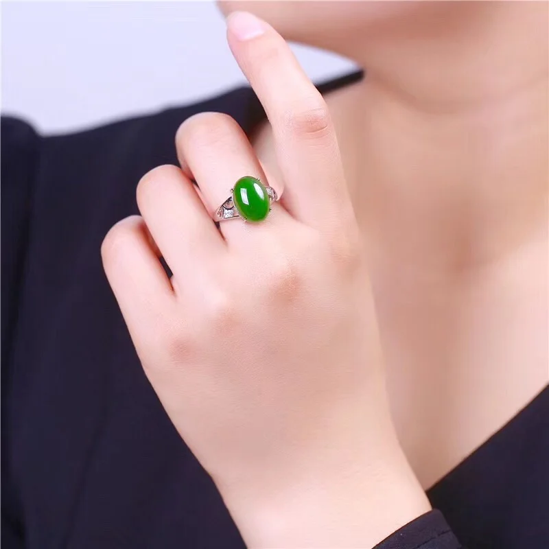 SGARIT Authentic Jadeite New Arrival Hetian Green Jade S925 Silver 10*14mm Cabochon Ring Simple Elegant Plump Rounded Jewellery