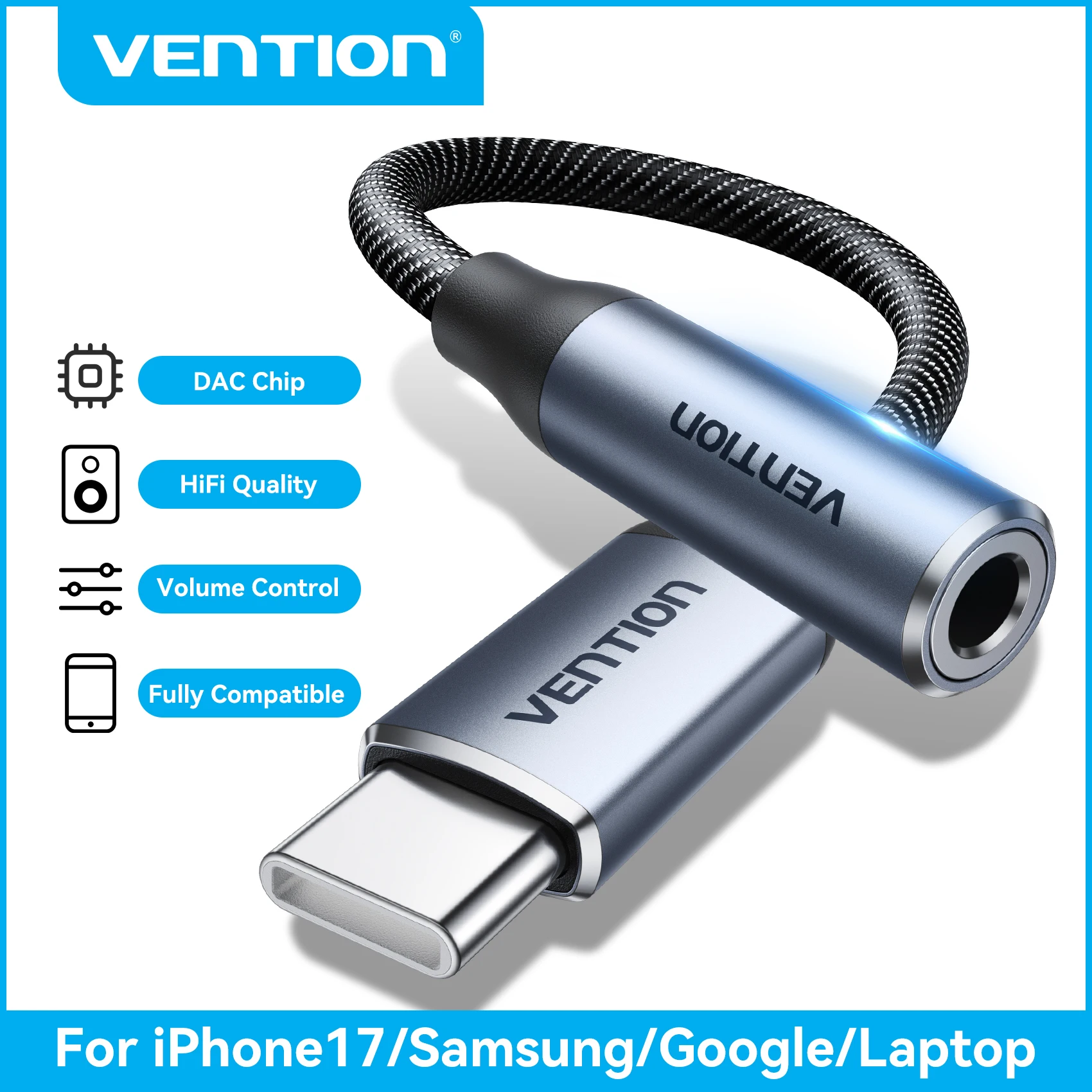 [2Pcs] Vention USB Type C to 3.5mm Jack Earphone Adapter Headphone USB C Cable Audio Adapter with DAC For iPhone 17 16 15 Xiaomi