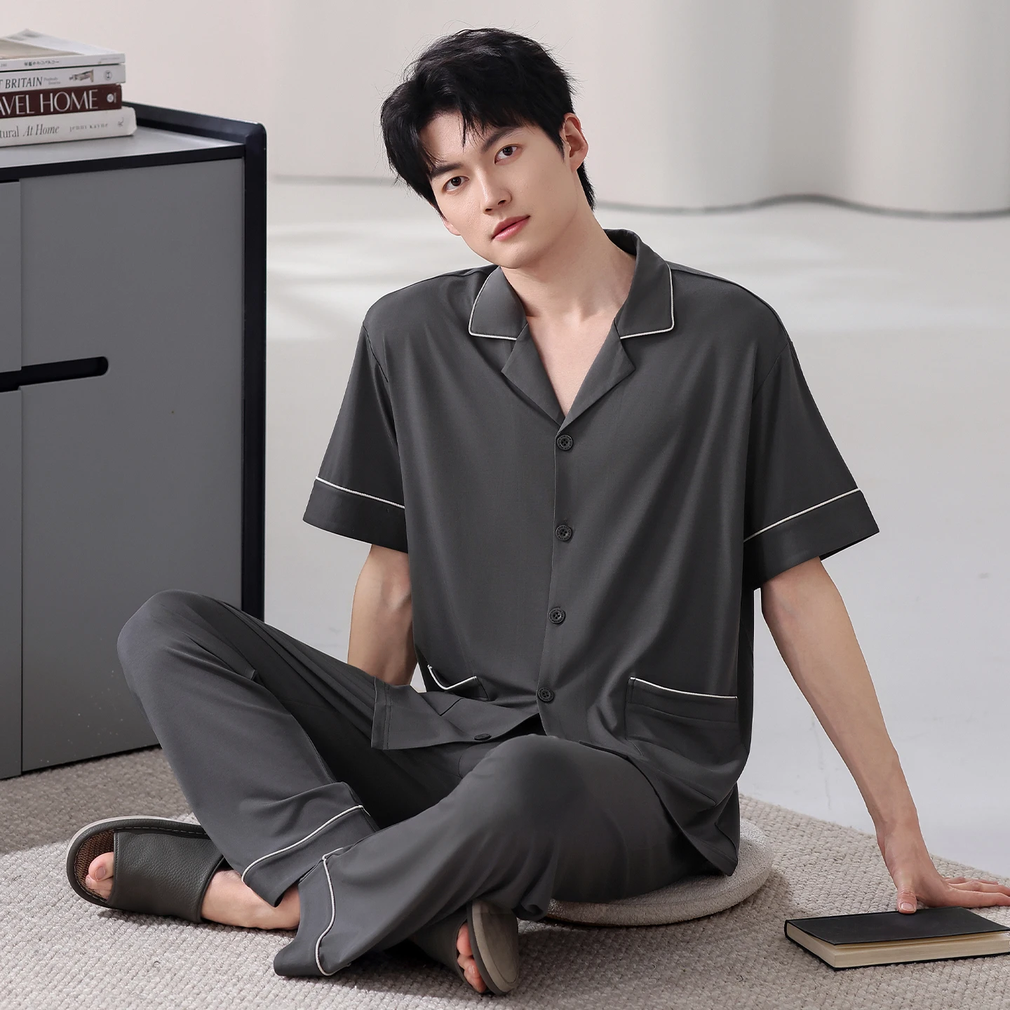 Summer Two Pieces Set Men Sleepwear Modal Pajamas Lapel Cardigan Nightwear Male Short Sleeve Long Pants Homewear Mens Lingerie