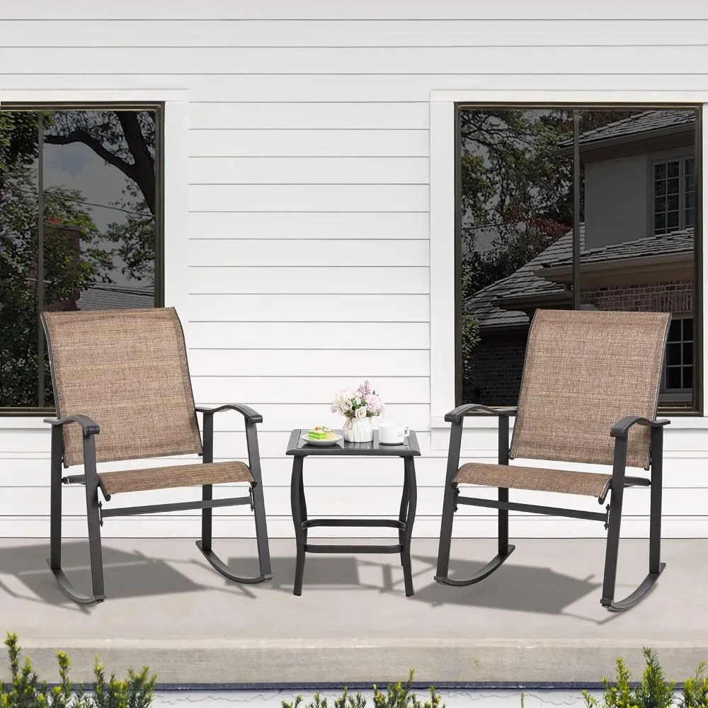 

Outdoor Furniture With Rocker Chairs and Glass Coffee Table Set of 3 Piece Rocking Bistro Set Porch Furniture for Small Space