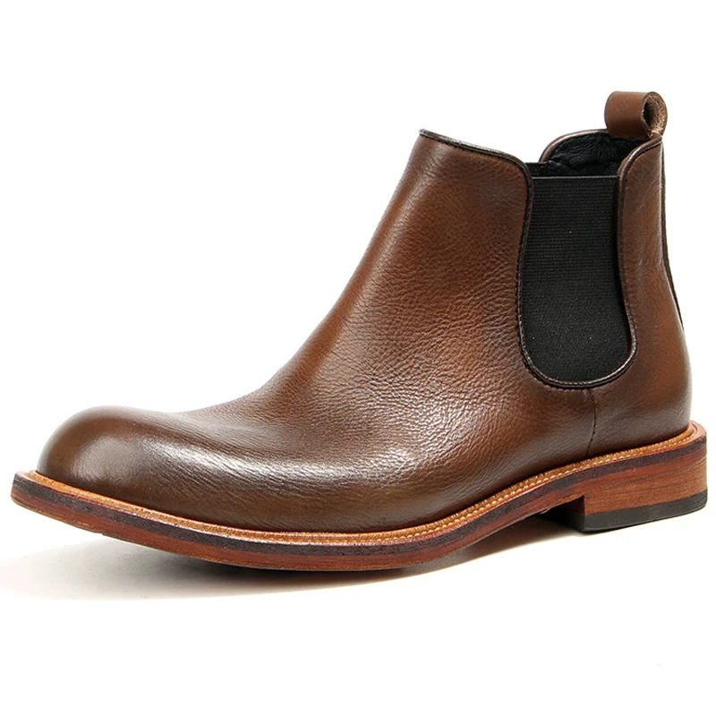 Classic Men Chelsea Boots Round Headed Retro Handmade Men Boots Genuine Leather Men's Short Boots Business Leather Boots Male
