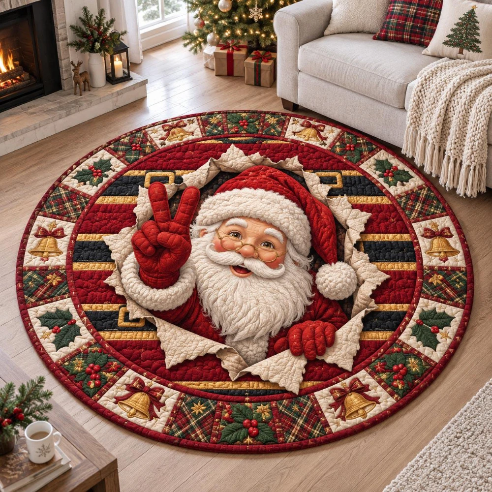 3D Christmas Santa Claus Entryway Round Carpet Retro Plaid Bell Border Mat Festive Living Room Bedroom Floor Rug 2d flat print