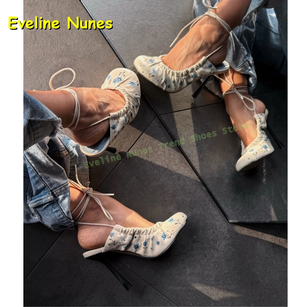 Cream White Floral Print Mary Jane Heels Women's Lace-Up Ruched Pointed Toe Stiletto Pumps for Y2K Style 2026 Summer New Style