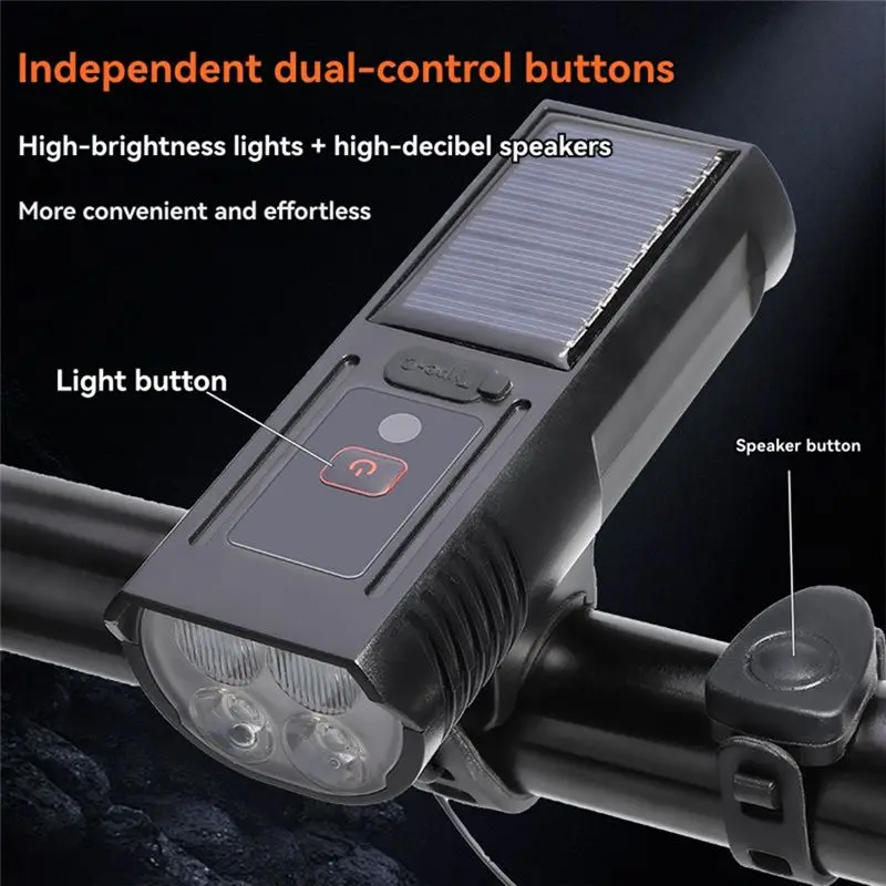 A89E-Solar Powered Flashlight Bicycle Light With Horn Rechargeable Bike Headlight Outdoor Cycling Camping Work Light