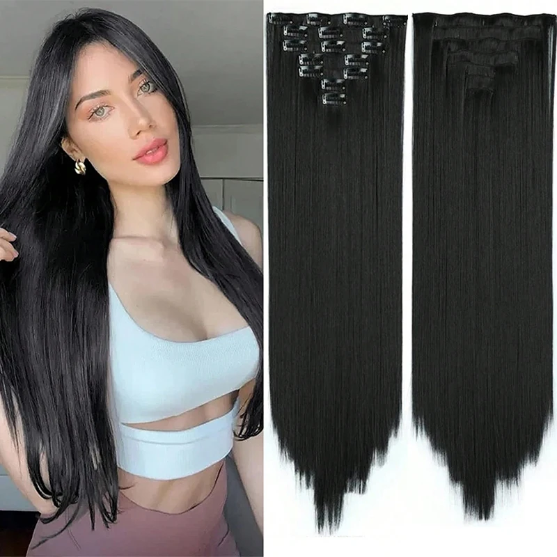 24'' 16 Clip Hair Piece Extensions Long Straight Hair Synthetic Natural Heat Resistant Fiber Hairpieces for Women's Hairstyle
