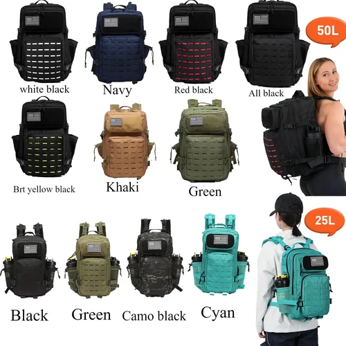Imagen 2 del producto Mochila impermeable de 25L/50L con 2 portabotellas, mochila para gimnasio, viajes al aire libre, senderismo, pesca, senderismo, bolsa para ordenador portátil de 13 pulgadas