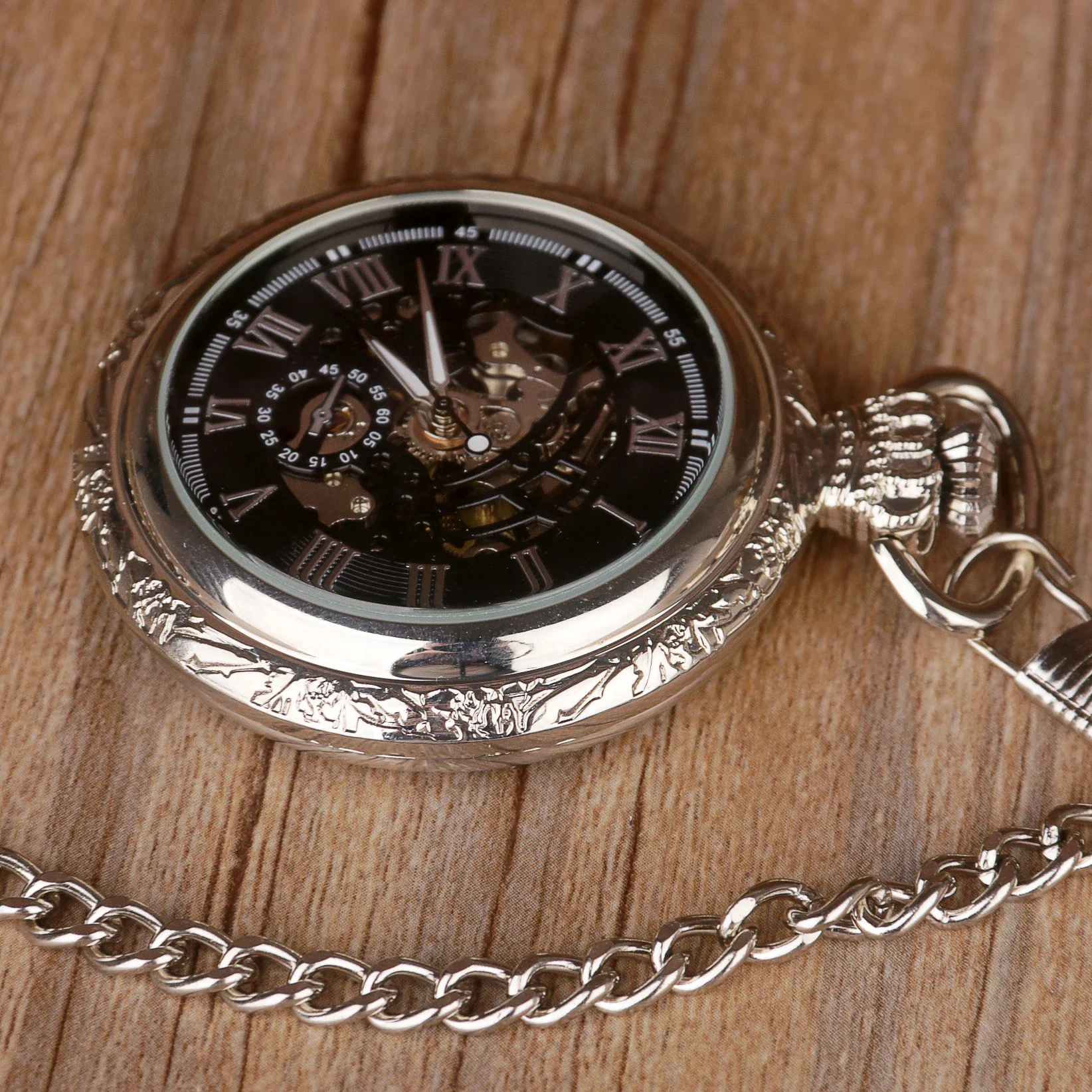 

Classic Silver Roman Numeral Dial Pocket Watch Mechanical Automatic Vintage Steampunk Chain Lady Pendant Gift reloj de bolsillo