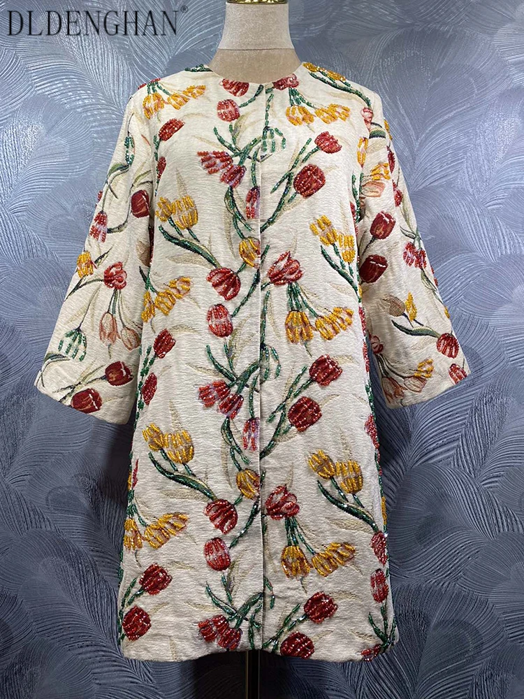 

DLDENGHAN жаккардовое пальто на пуговицах с бисером и лилией для женщин, винтажная верхняя одежда на пуговицах с круглым вырезом 4/3, осенняя женская одежда